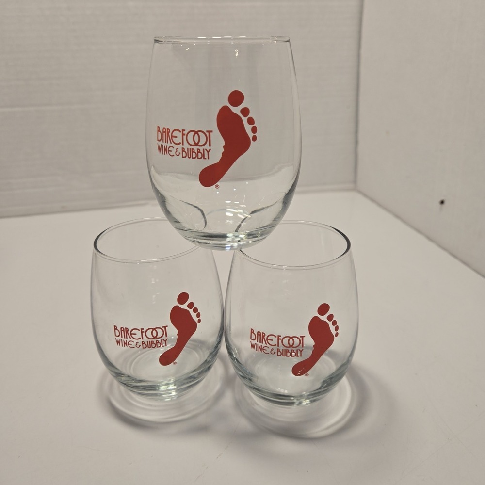 Barefoot Wine & Bubbly Stemless Wine Glasses, Used, Set Of 3‎